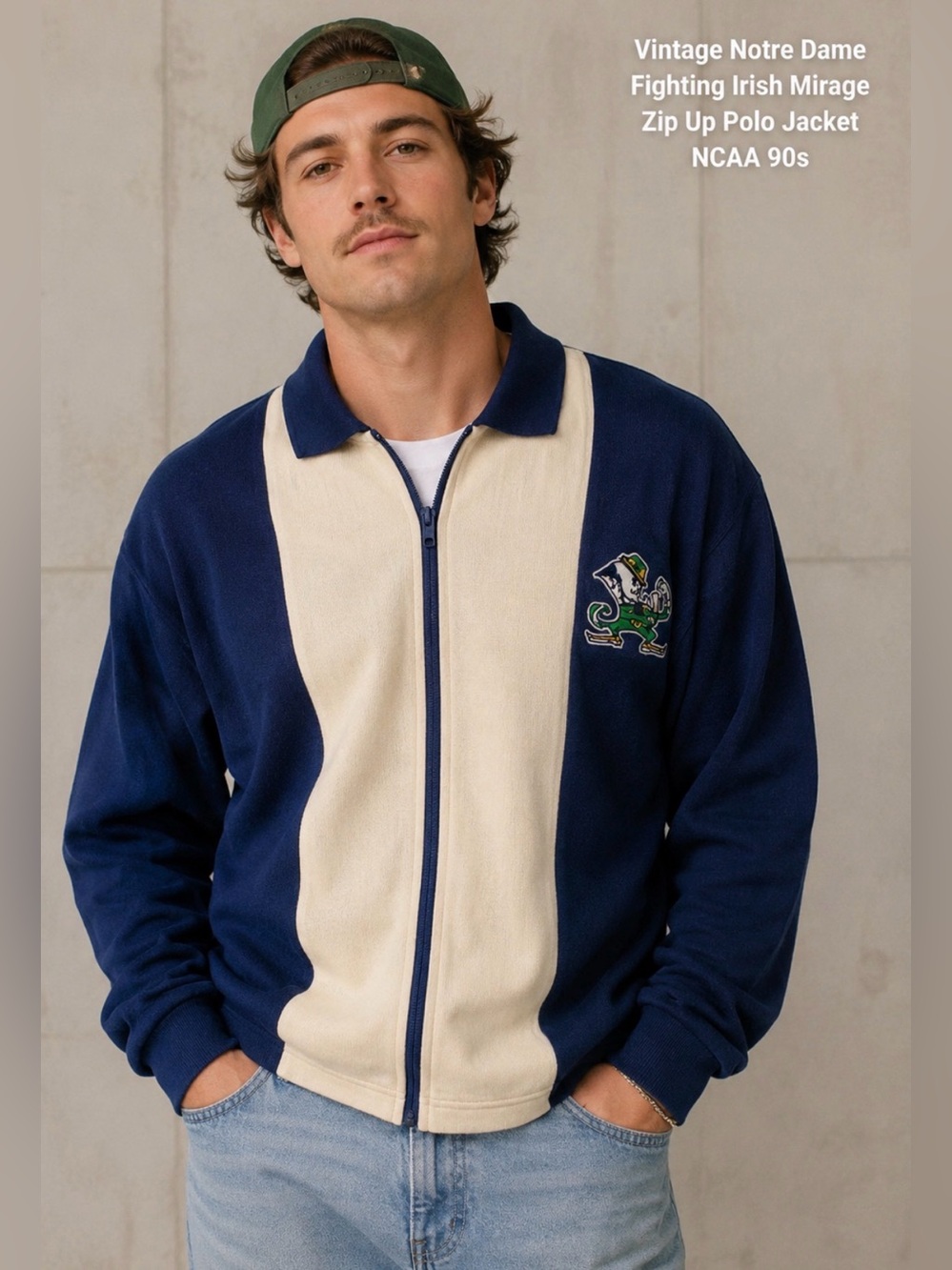 Vintage Notre Dame Fighting Irish Mirage Zip Up Polo Jacket L Blue Gold NCAA 90s
